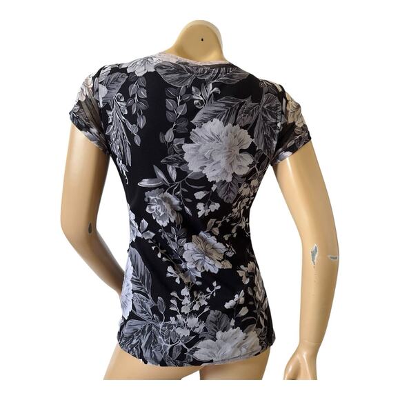 INC Womens Size Medium Short Sleeve V Neck Ruched Knit Floral Print Shirt Top - Picture 4 of 8